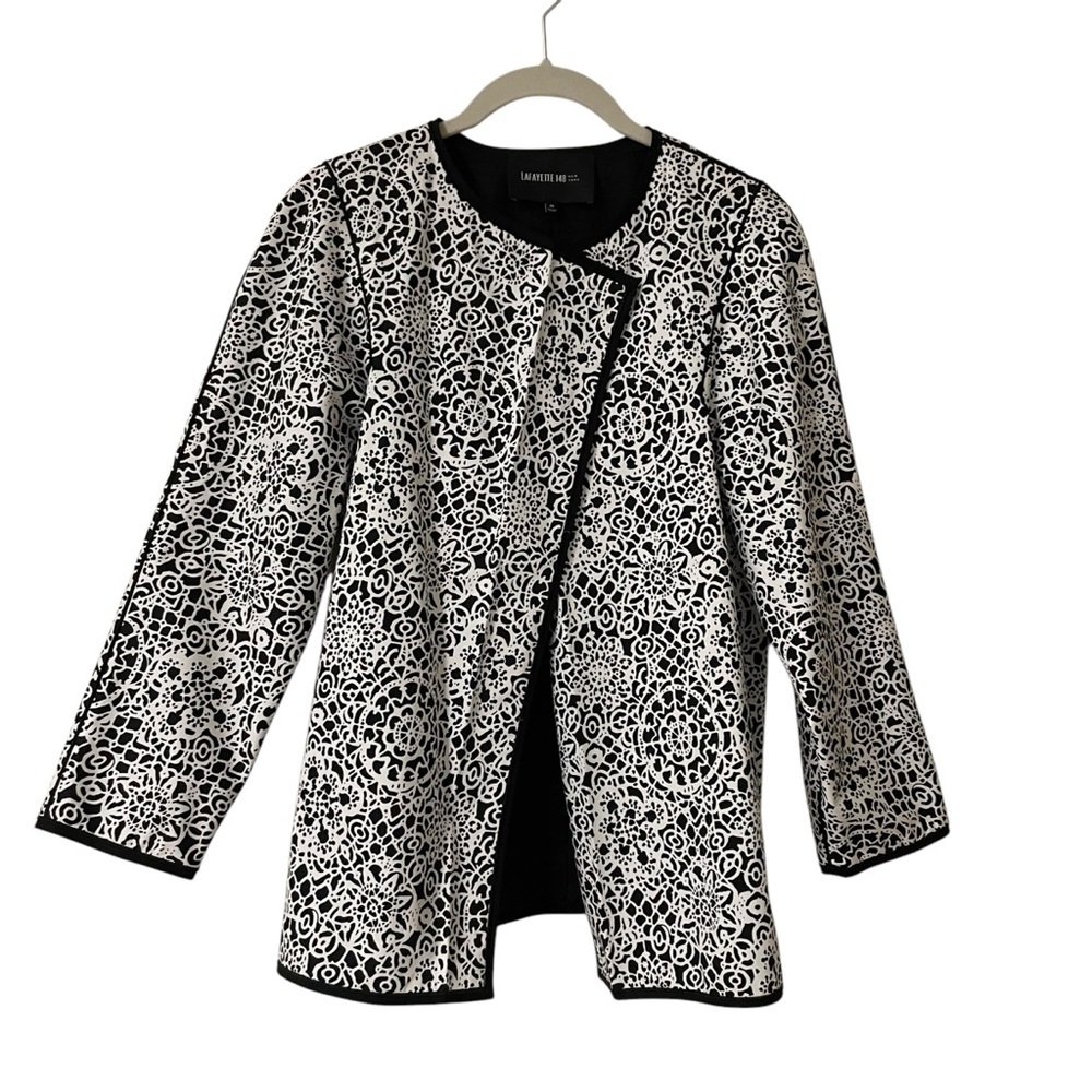 Lafayette 148 New York Black and White Floral Blazer Medium Open Front Office